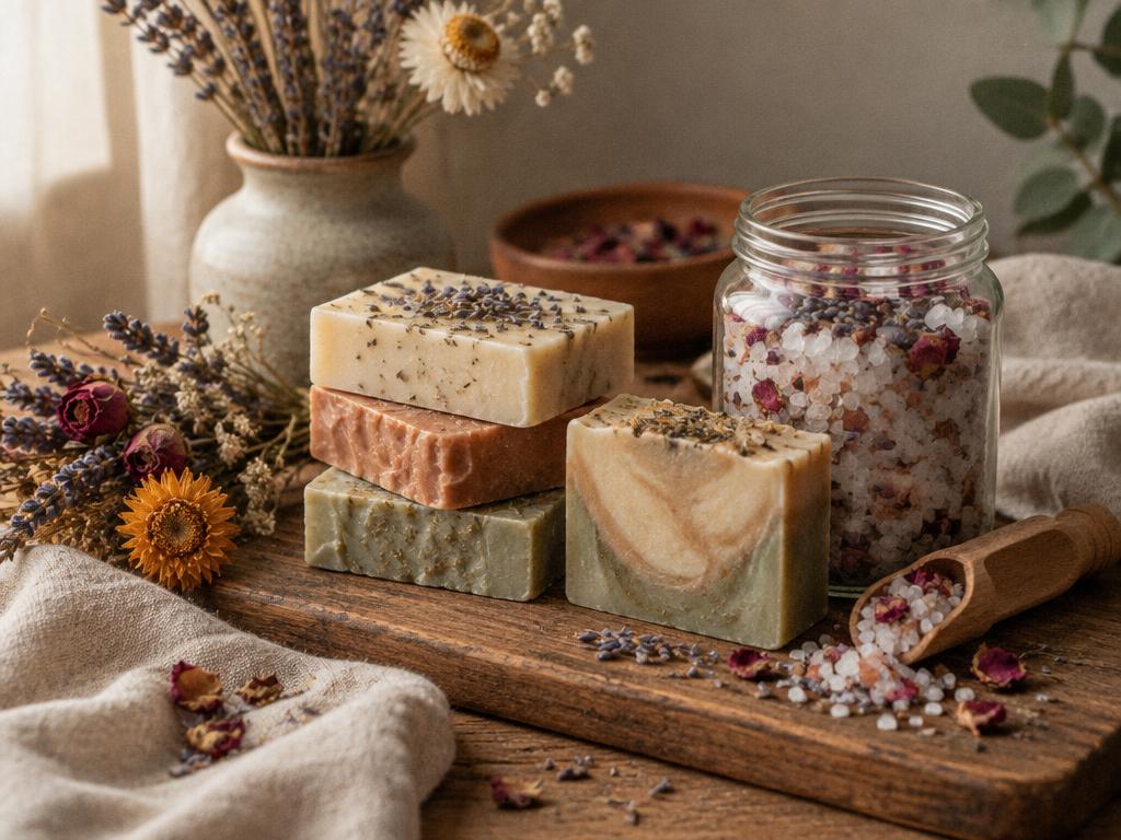 Natural handmade soap bars, a jar of bath salts and dried flowers on a wooden board