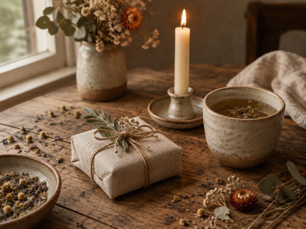 A lit candle beside a small gift wrapped in linen and a cup of herbal tea on a wooden table