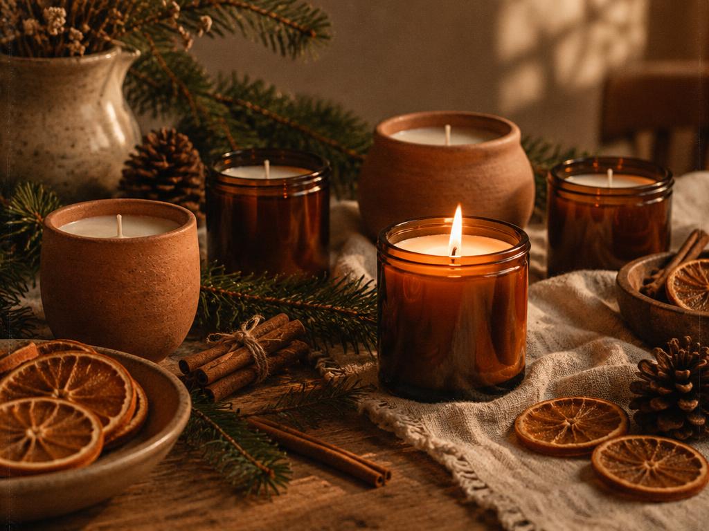 Poured candles in amber jars and clay vessels with dried orange slices and cinnamon sticks