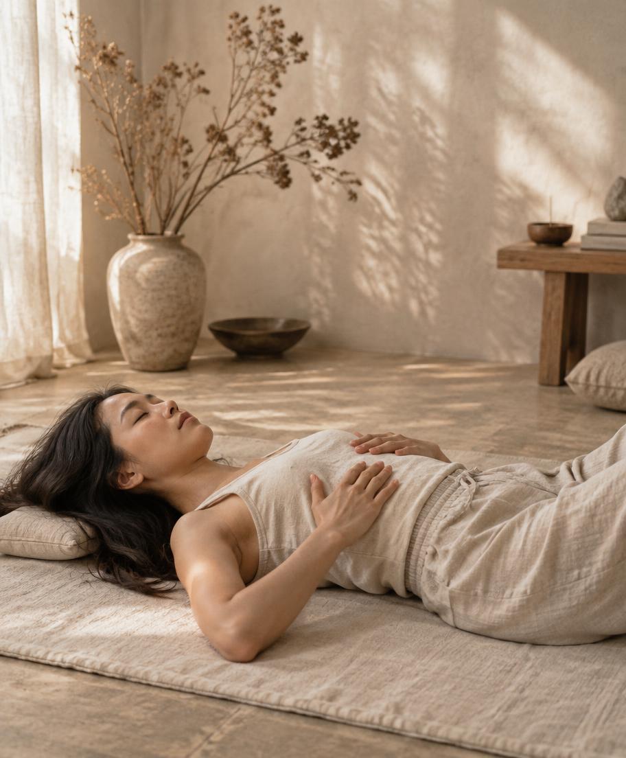 A woman resting with hands on her ribs during a guided breathing practice