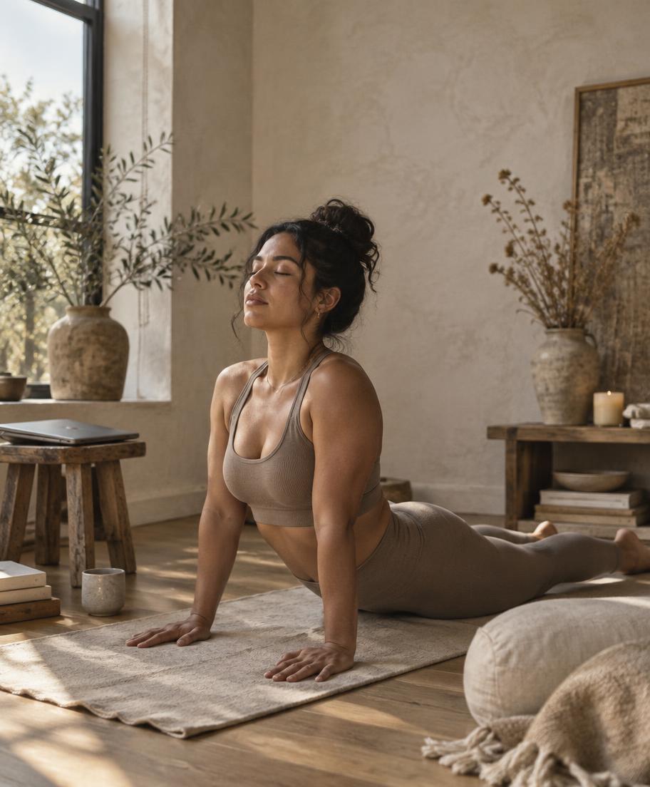 A woman practising at home on a mat beside a sunlit window
