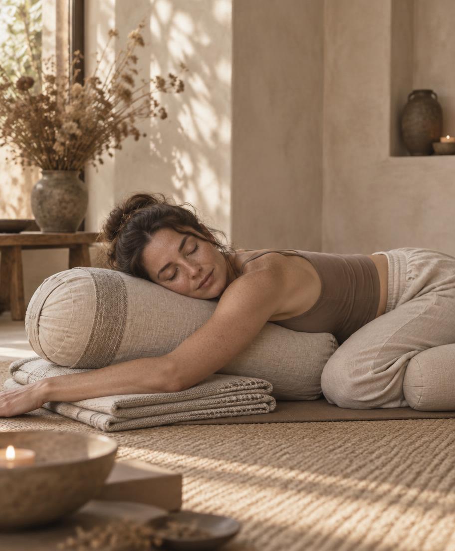 A woman resting over linen bolsters during a restorative session