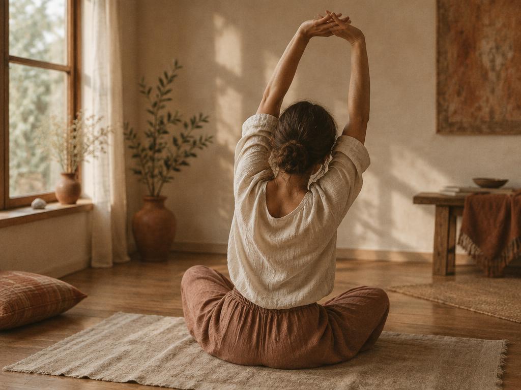 A woman stretching gently on a linen mat in soft natural light, seen from behind