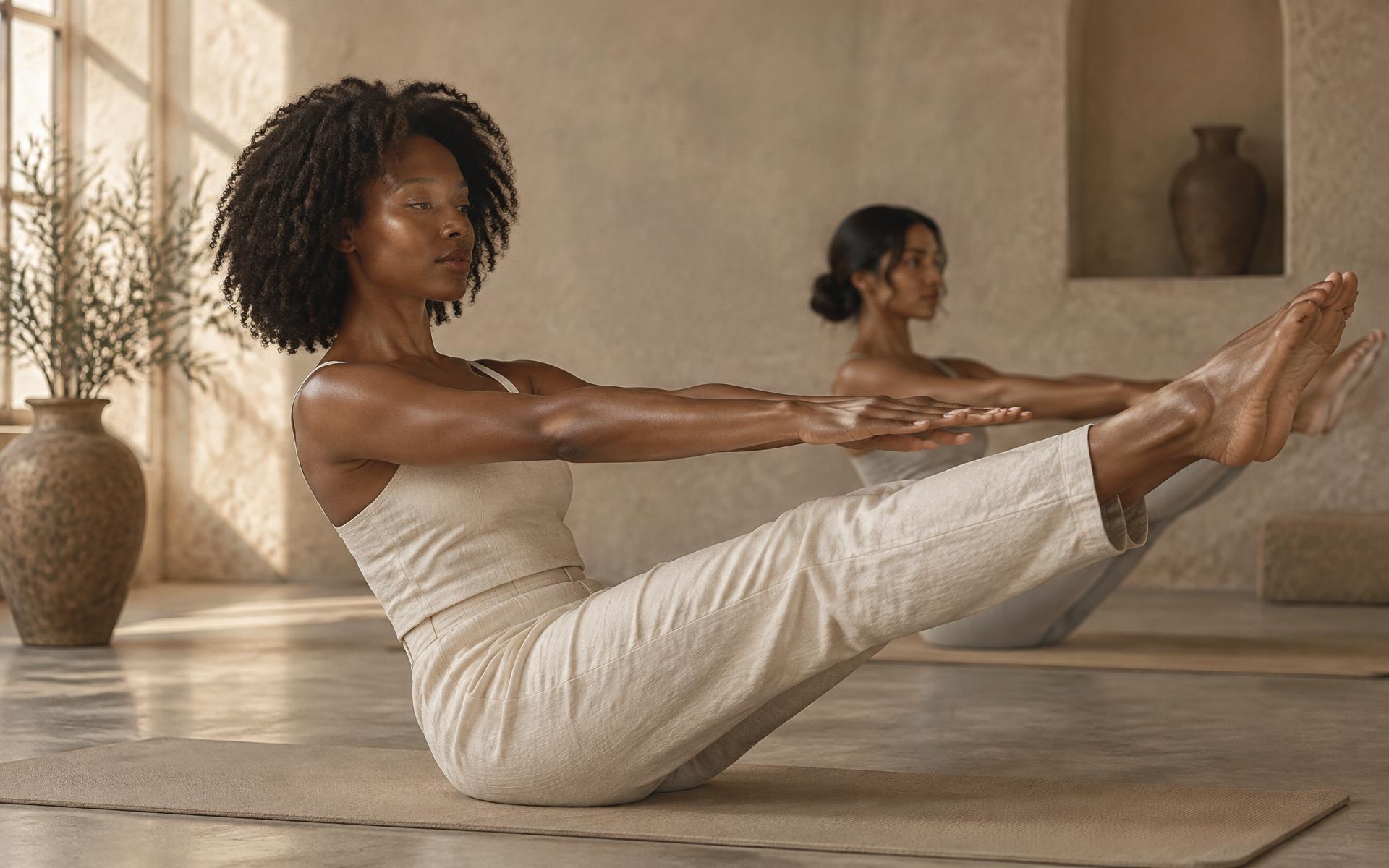 Two women practising slow classical Pilates in a plaster walled studio filled with natural light