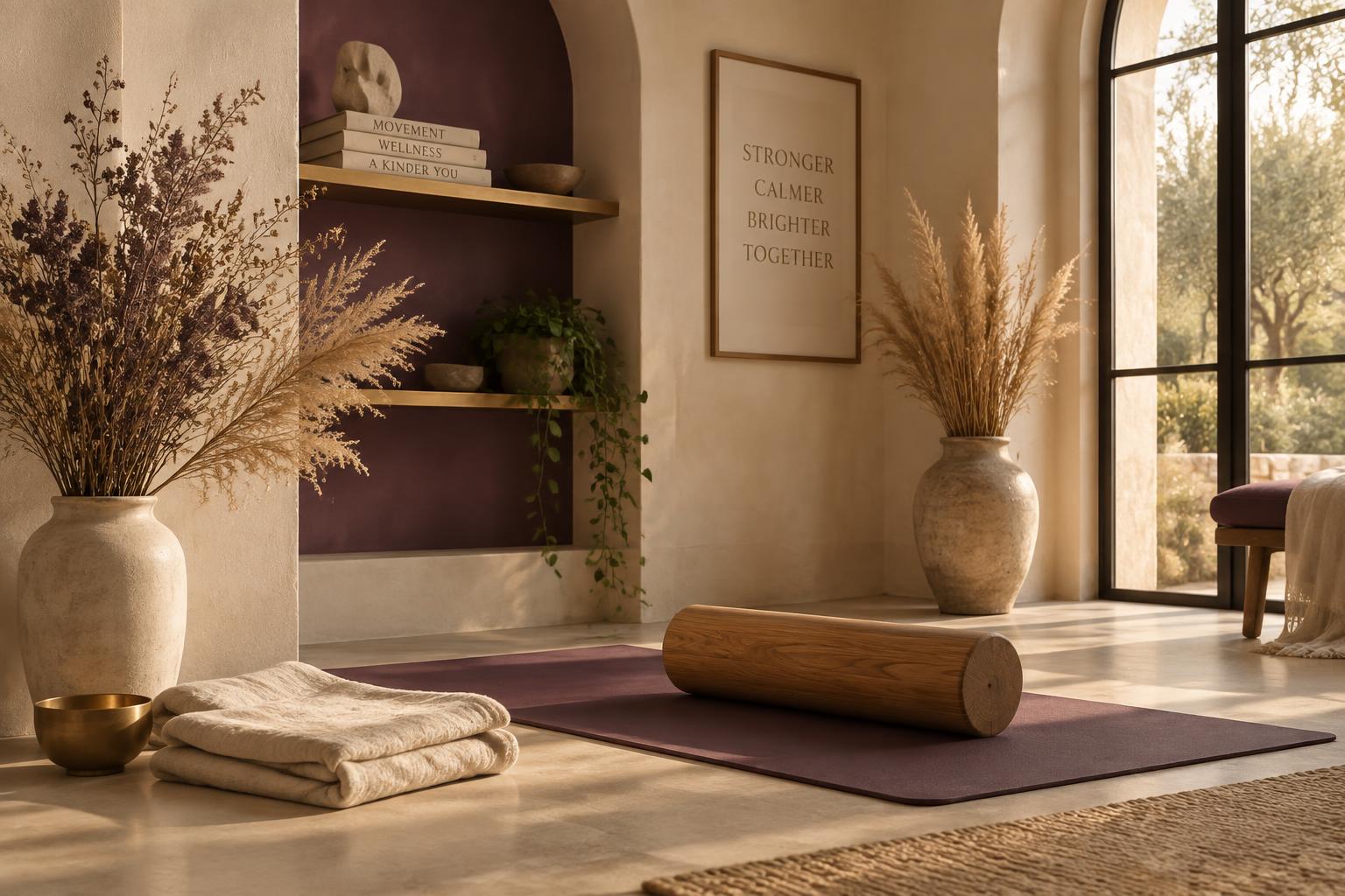 A calm sanctuary studio space with a mat, linen, and dried botanicals