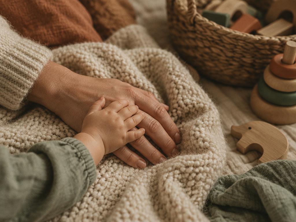 An adult hand and a small toddler hand resting together on a knitted blanket
