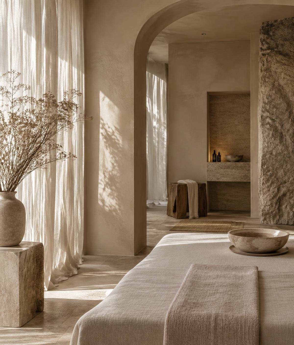 A quiet sanctuary studio space with plaster walls, linen and dried botanicals