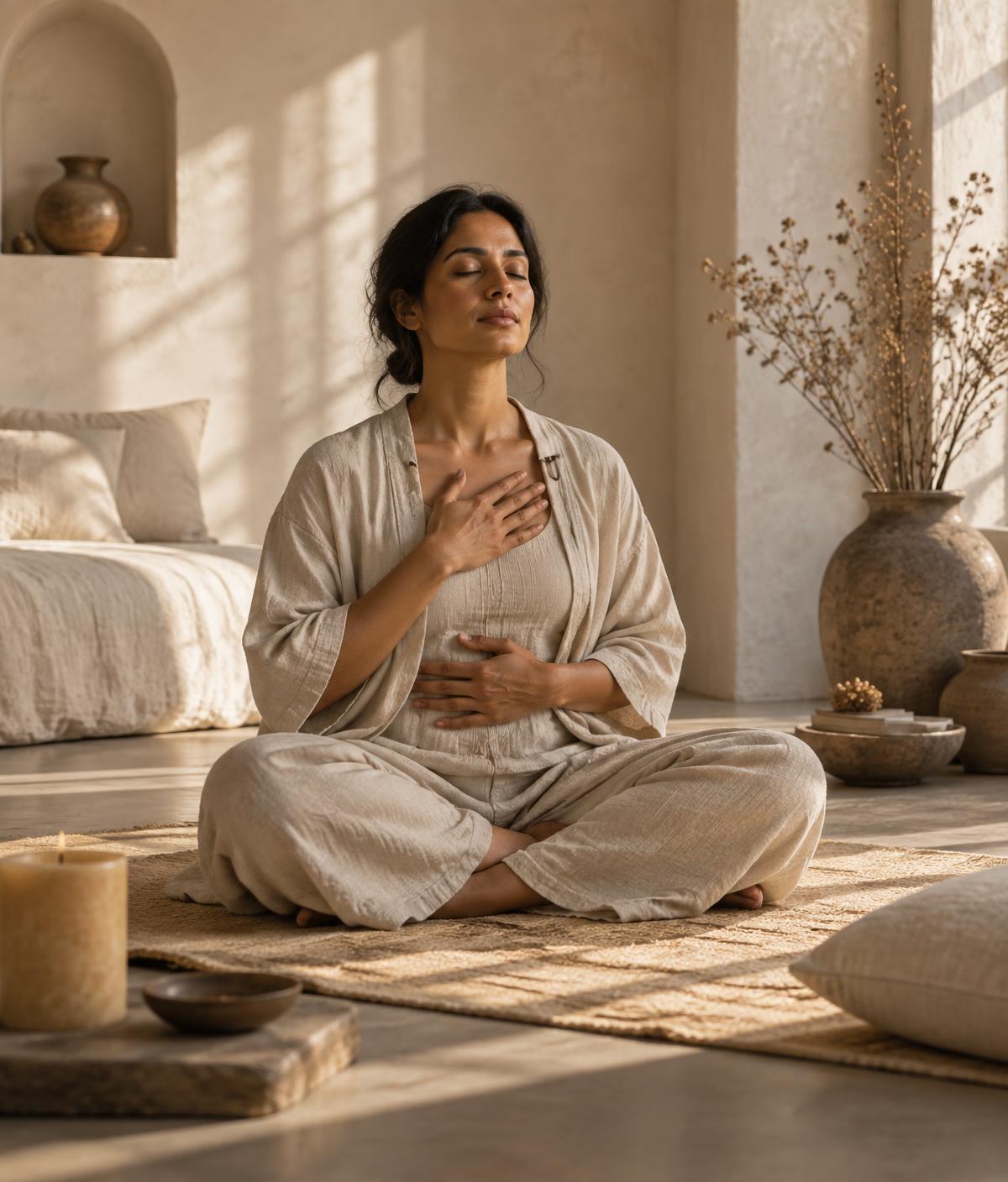 A woman seated with a hand on her chest during a quiet breathwork practice