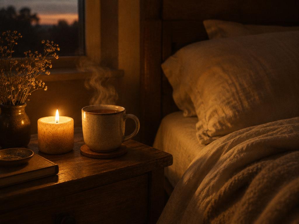 A candle and a steaming mug of tea beside folded linen bedding in warm evening light