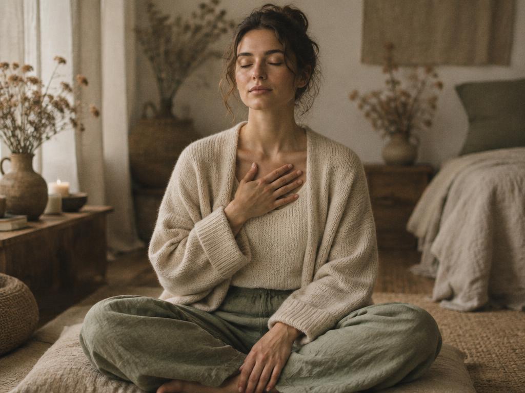 A woman resting calmly with one hand on her chest in a quiet, softly lit room
