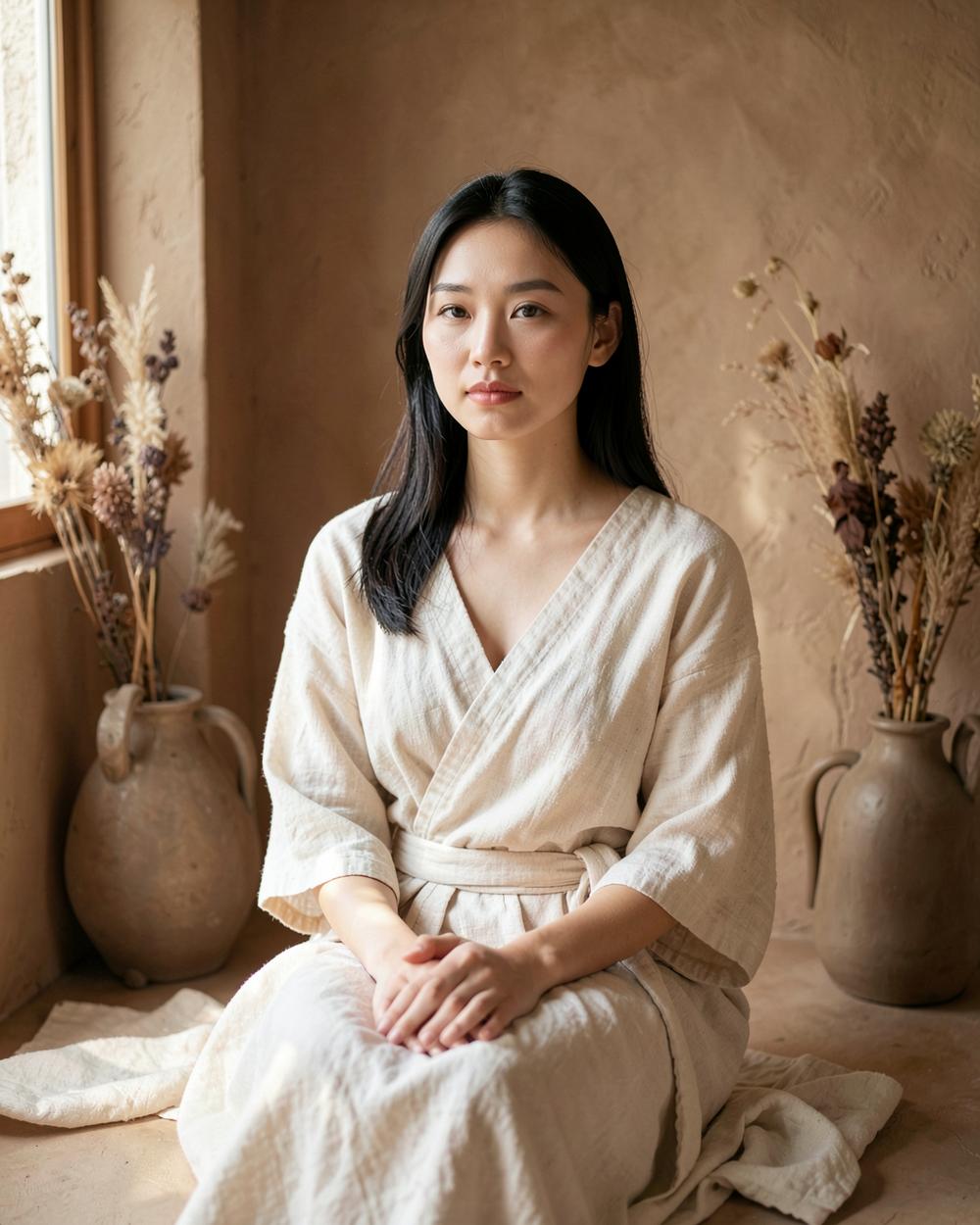 A woman seated quietly with her hands in her lap in a sunlit sanctuary room