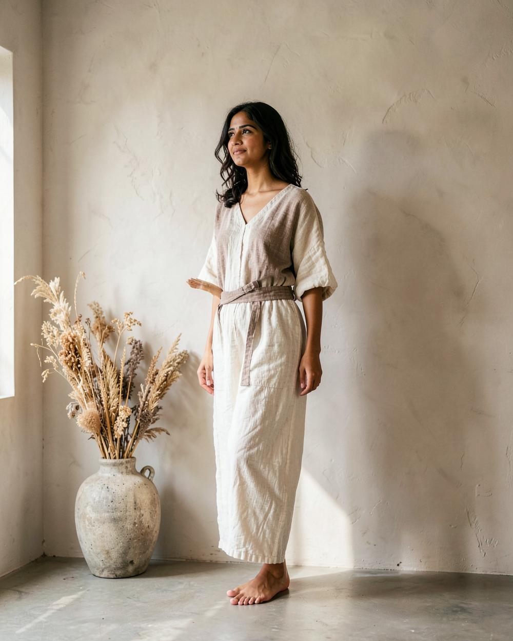 A woman standing barefoot beside dried botanicals in a quiet plaster room