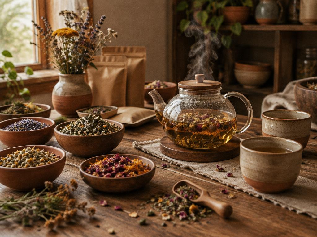 Bowls of loose dried herbs and a steaming glass teapot on a wooden tea blending table