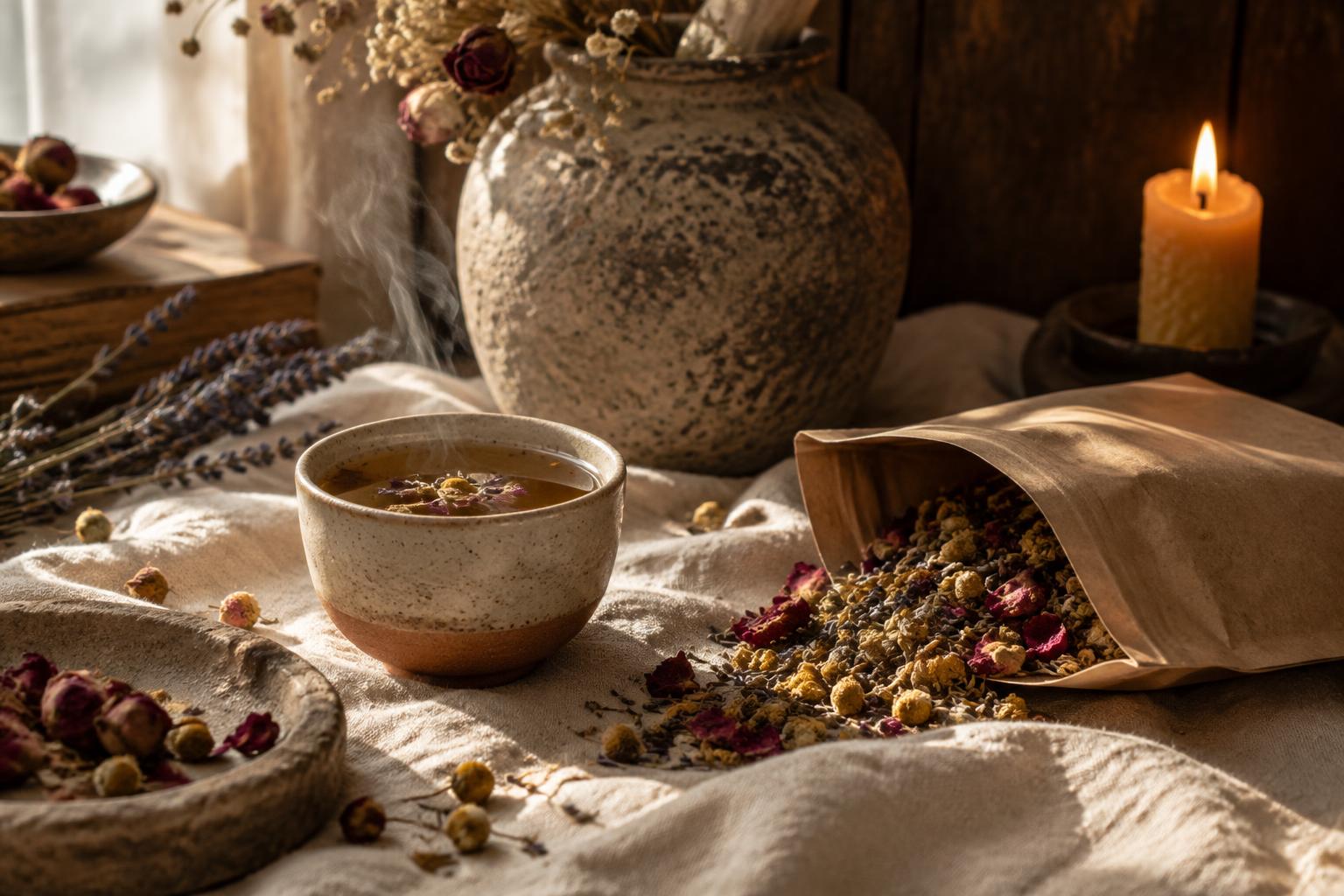 A cup of herbal tea with loose botanicals and a candle